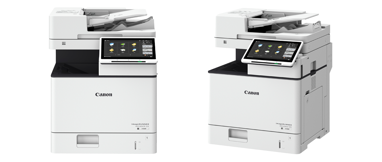 Impressoras multifuncionais Canon em vista frontal e lateral